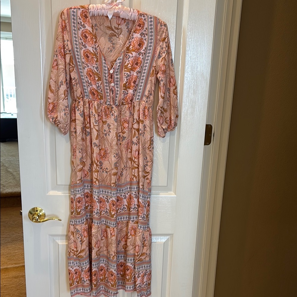 Orange Tiered Sundress with Bishop Sleeves. Size small